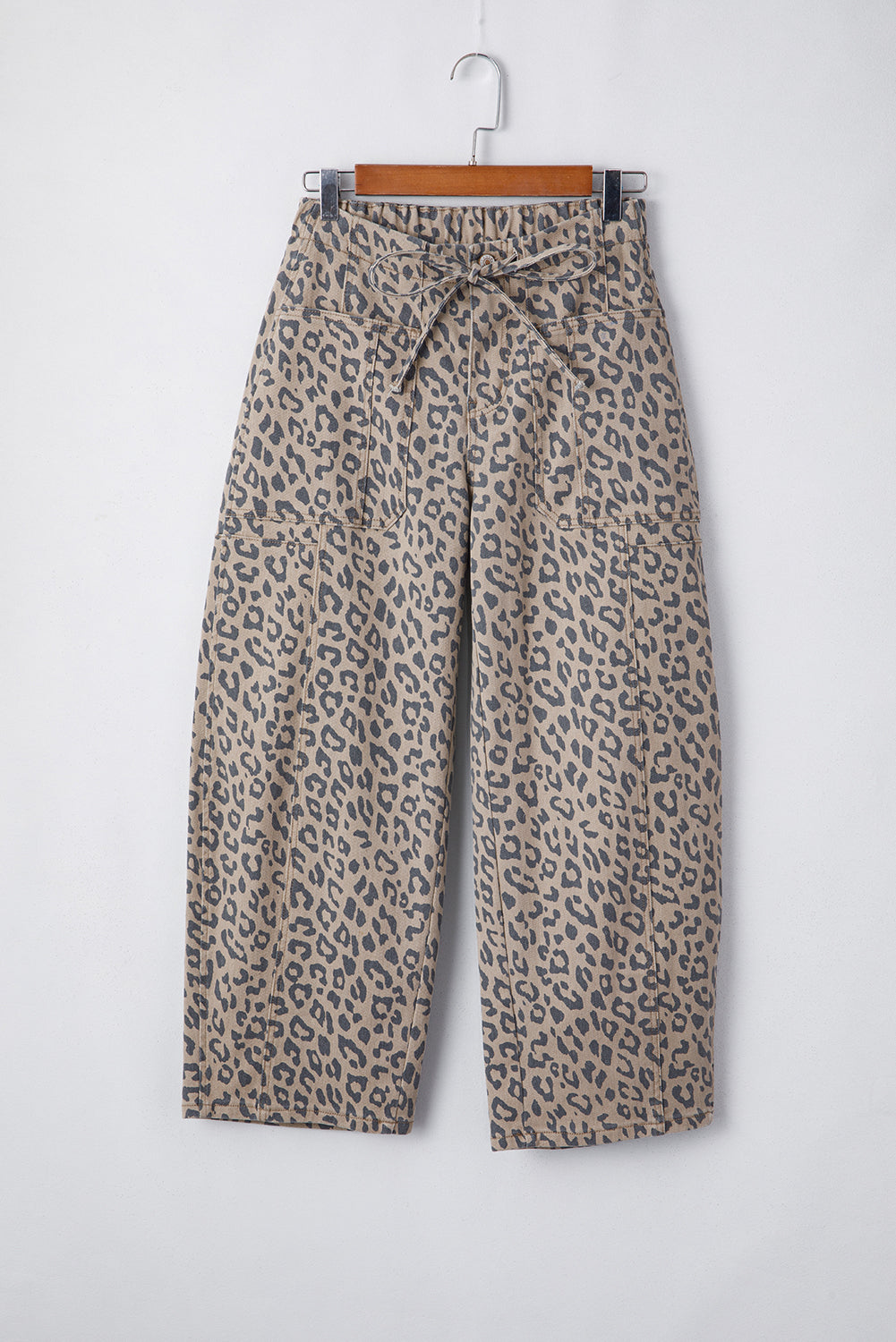Leopard Printed Drawstring Waist Pocketed Wide Leg Jeans