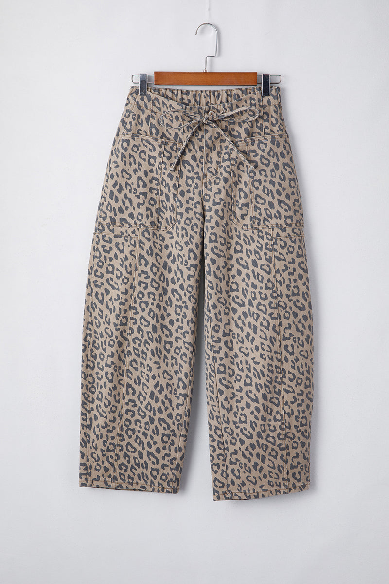 Leopard Printed Drawstring Waist Pocketed Wide Leg Jeans