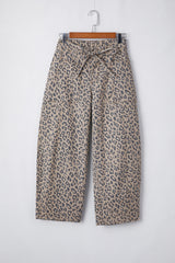 Leopard Printed Drawstring Waist Pocketed Wide Leg Jeans