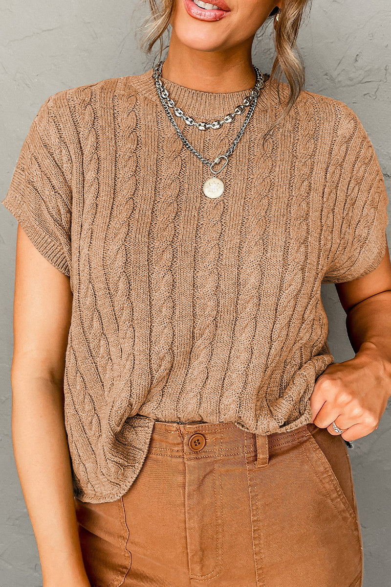 Solid Crew Neck Cable Knit Short Sleeve Sweater