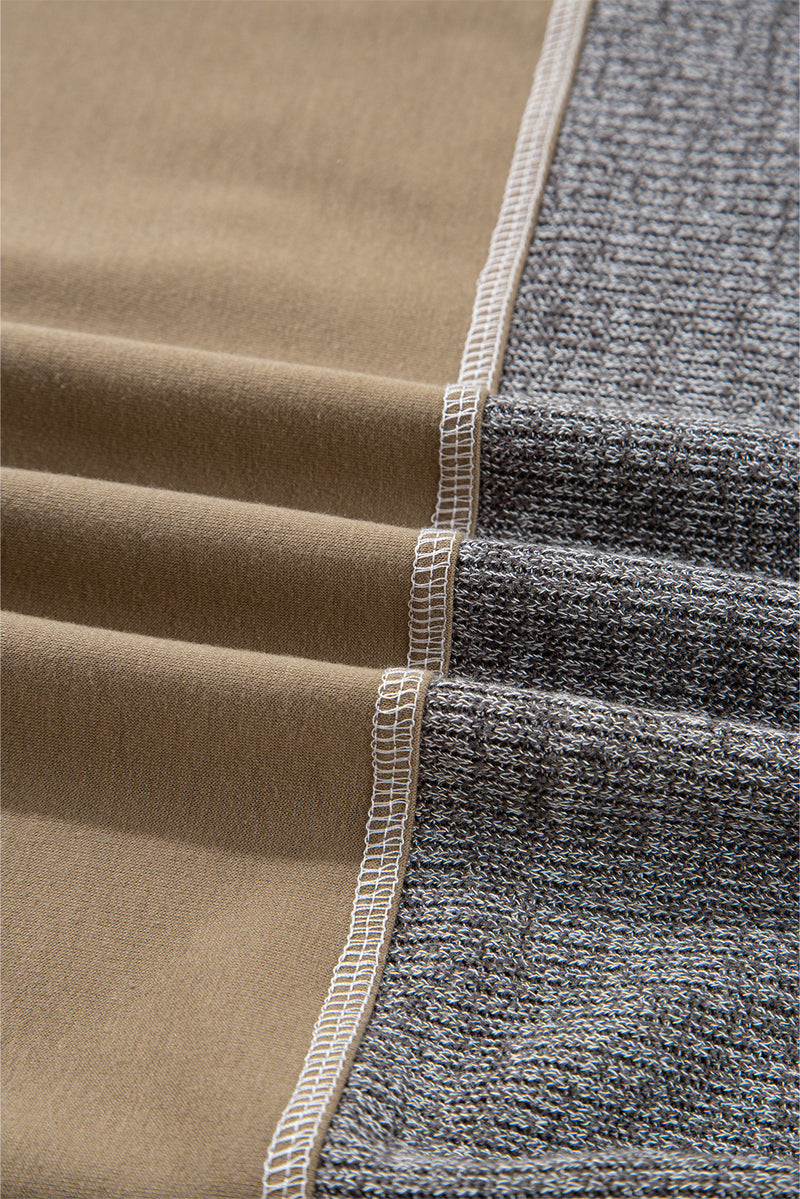 Mixed Texture Patchwork Exposed Seam Half Button Pullover Hooded Sweatshirt