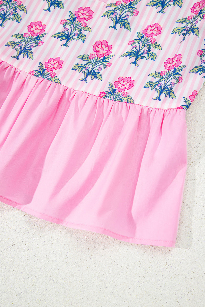 Floral Striped Print Contrast Patchwork Ruffle Hem Blouse