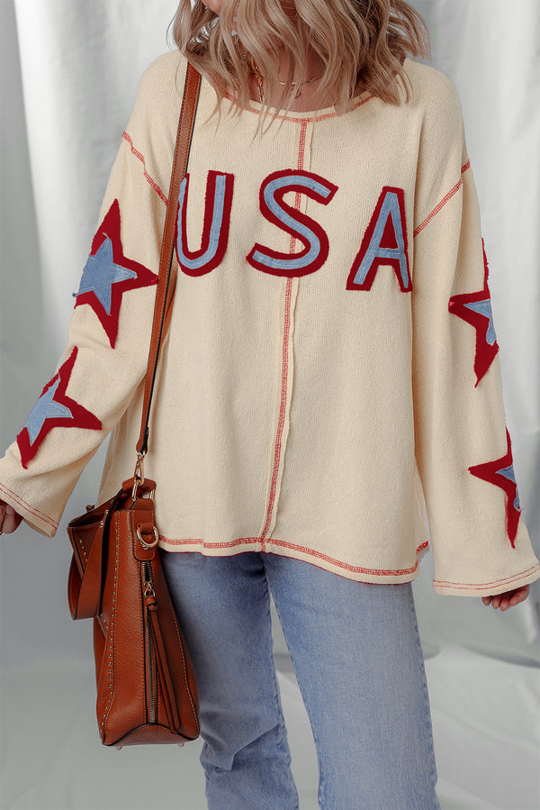 USA Star Contrast Patchwork Exposed Seam Long Sleeve Top