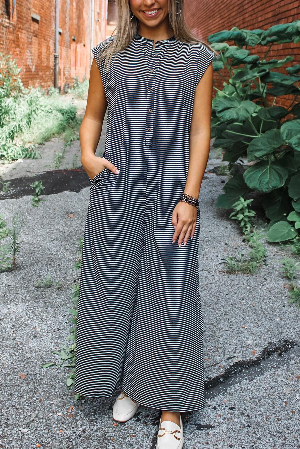 Striped Print Buttoned Wide Leg Sleeveless Jumpsuit