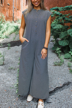 Striped Print Buttoned Wide Leg Sleeveless Jumpsuit