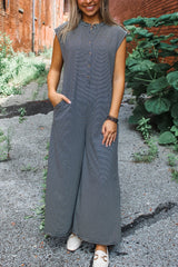 Striped Print Buttoned Wide Leg Sleeveless Jumpsuit