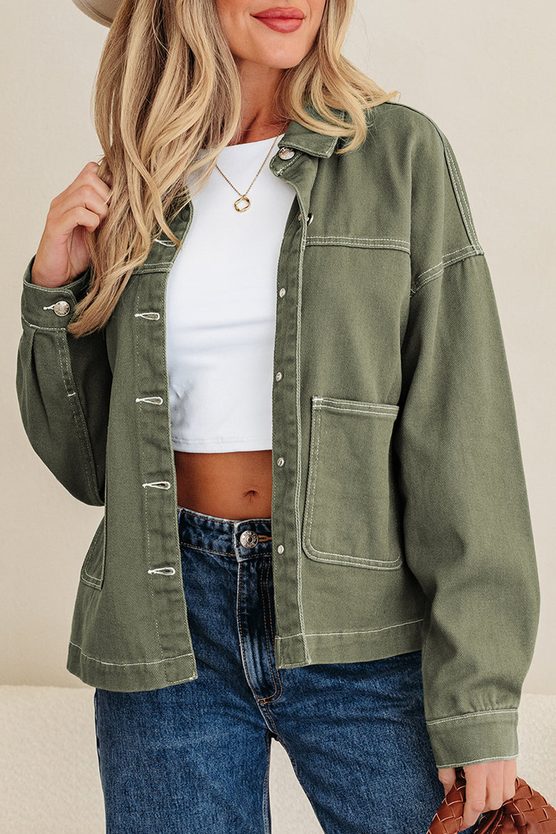Moss Green Patched Pocket Collared Button Front Boyfriend Denim Jacket