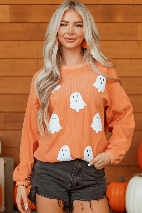 Twisted Ribbed Texture Halloween Ghost Sequin Patched Sweatshirt