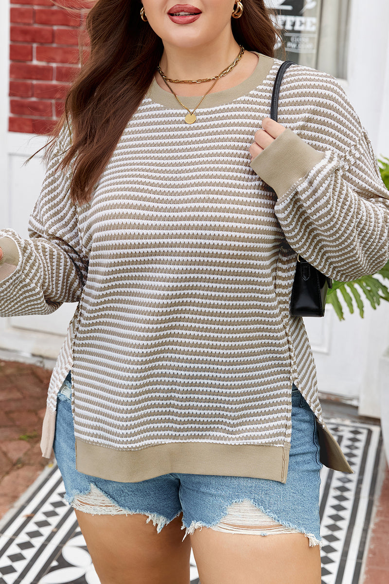 Stripe Plus Size Breathable Knit Ribbed Trim Long Sleeve Top