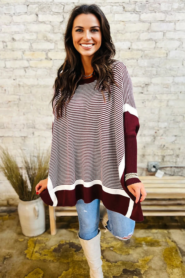Stripe Color Block Patchwork Dolman Oversize Tunic Sweater