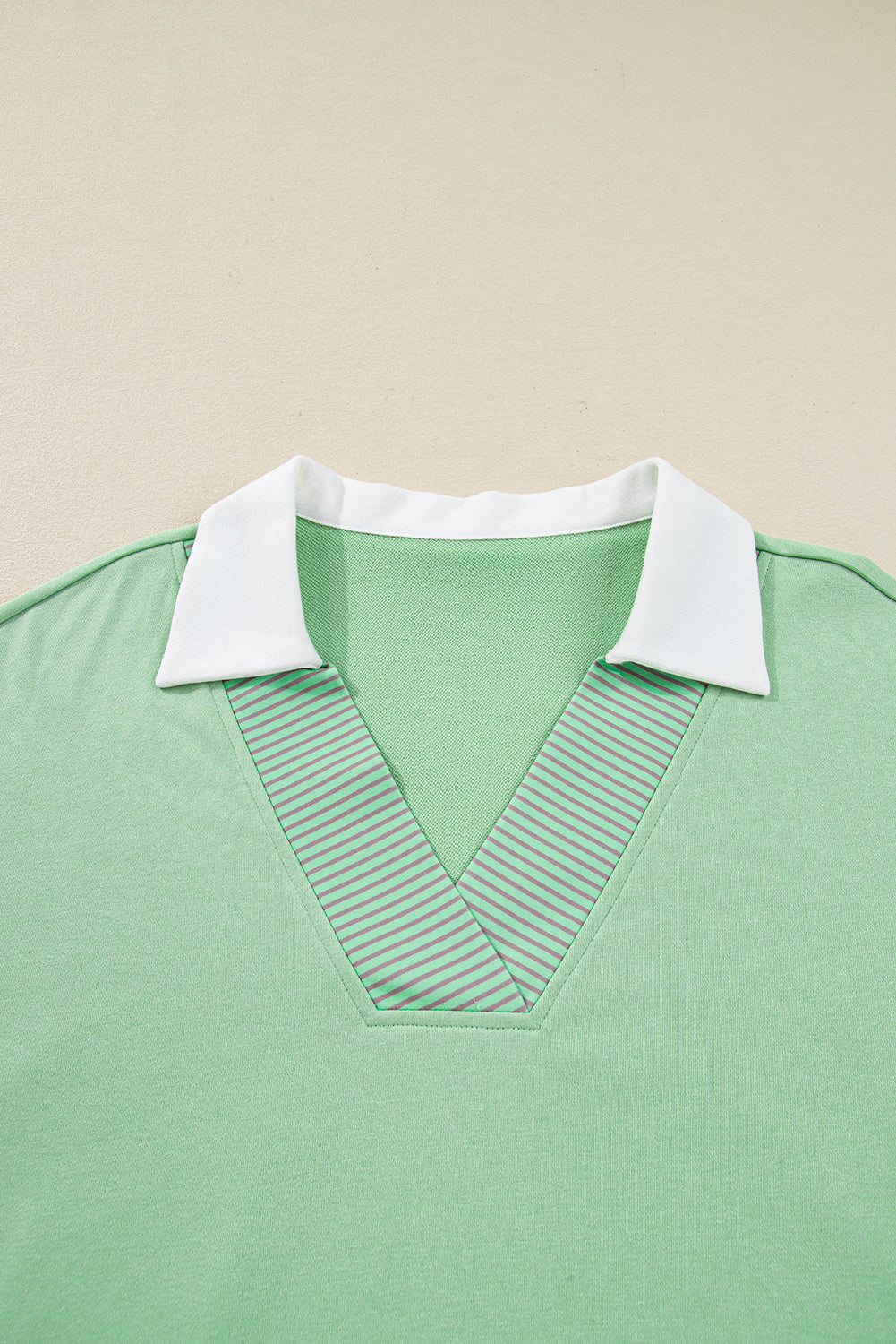 Light Green Color Block Striped Patchwork Collar V Neck Plus Size Sweatshirt