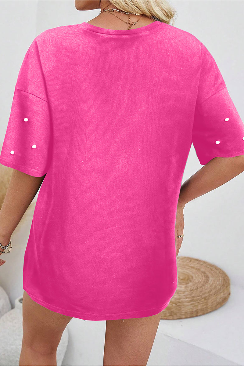 Solid Pearl Beaded Drop Shoulder Crewneck T Shirt