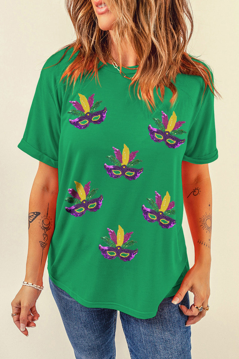 Sequin Mardi Gras Mask Patched Pattern Crewneck Tee