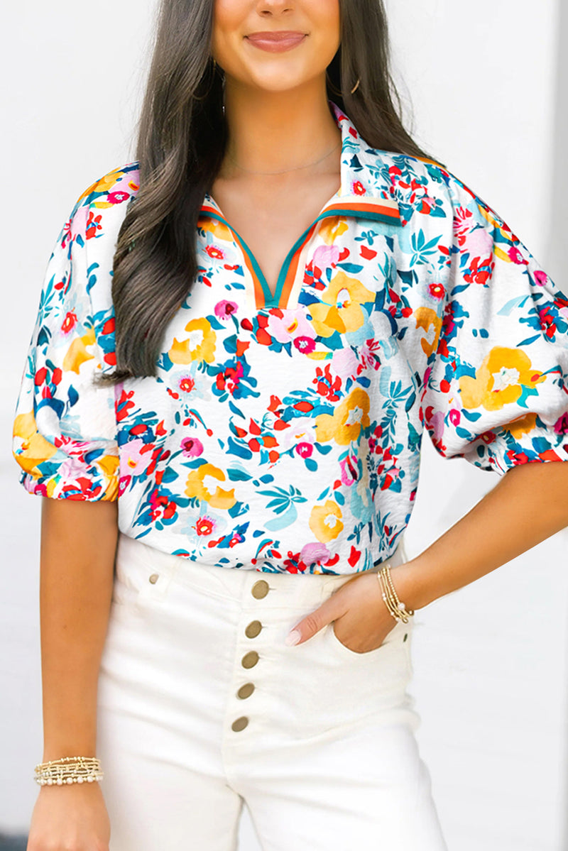 Floral Print Slit V Neck Short Sleeve Blouse