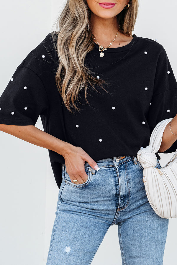 Solid Pearl Beaded Drop Shoulder Crewneck T Shirt