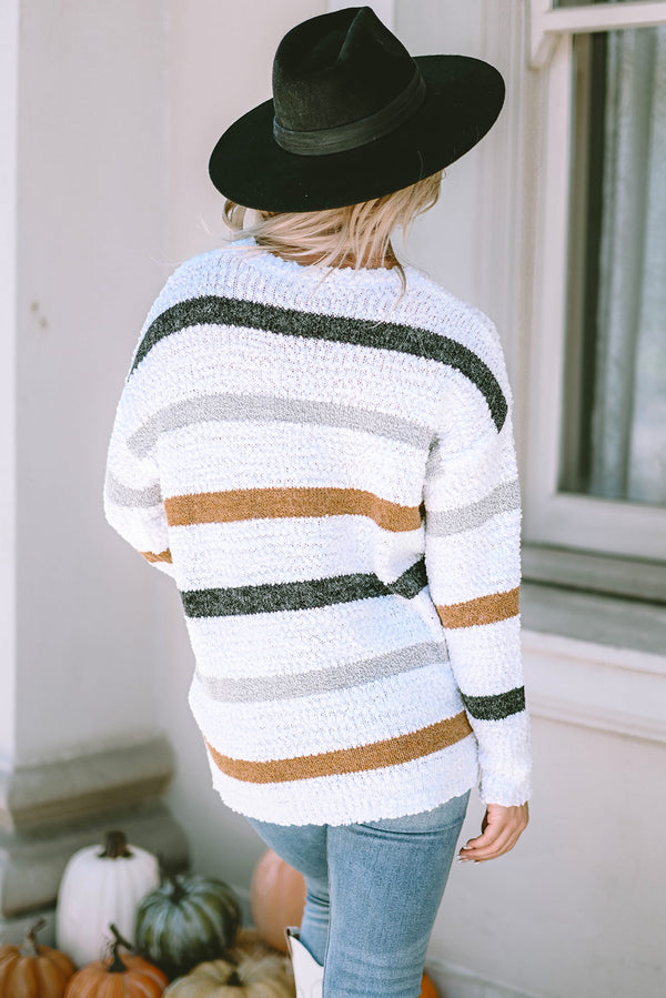 White Striped Popcorn Knit Sweater