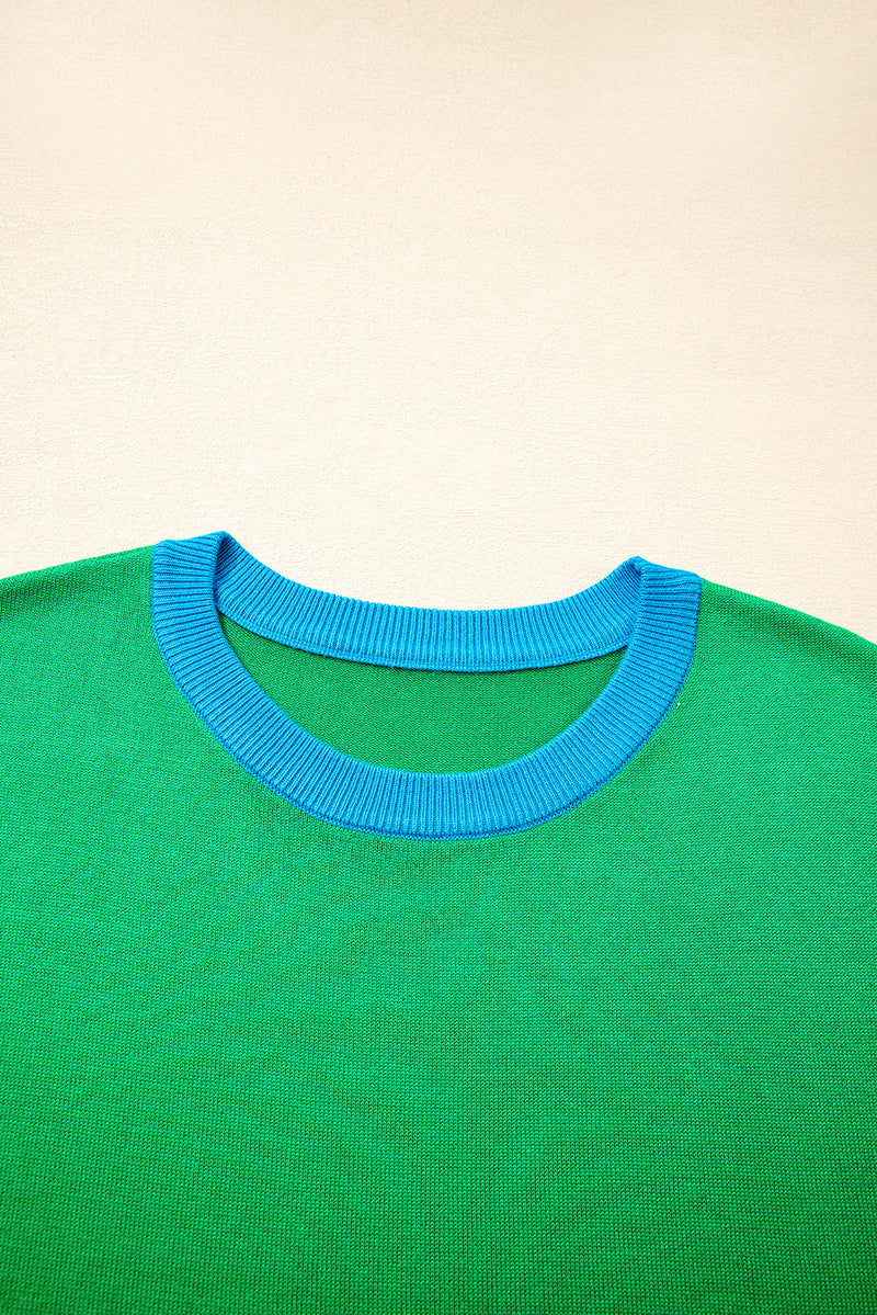 Contrast Trim Round Neck Short Sleeve Loose Knit Sweater