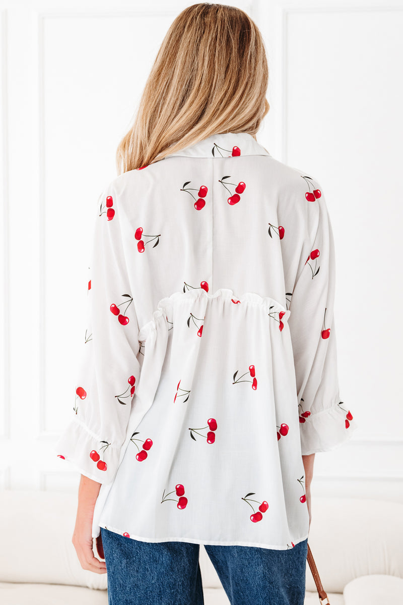 Cherry Print Flounce Sleeve Collared Frilled Babydoll Blouse