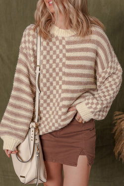 Stripe Checkerboard Drop Shoulder Balloon Sleeve Sweater