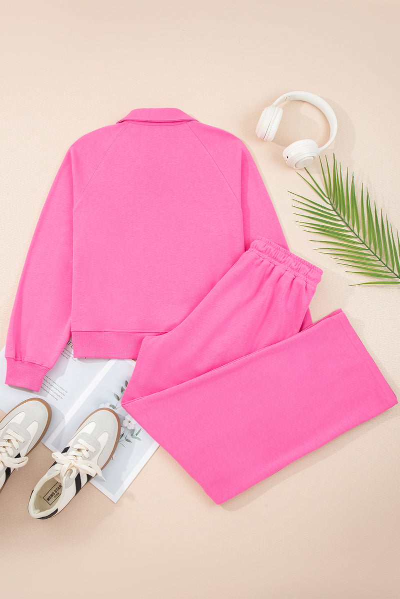 Bright Pink Solid Color Collared Pullover and Central Seam Pants Set