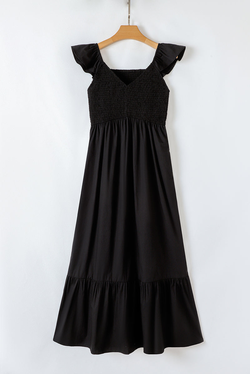 Solid V Neck Flutter Sleeve Smocked Bodice High Waist Ruffle Maxi Dress
