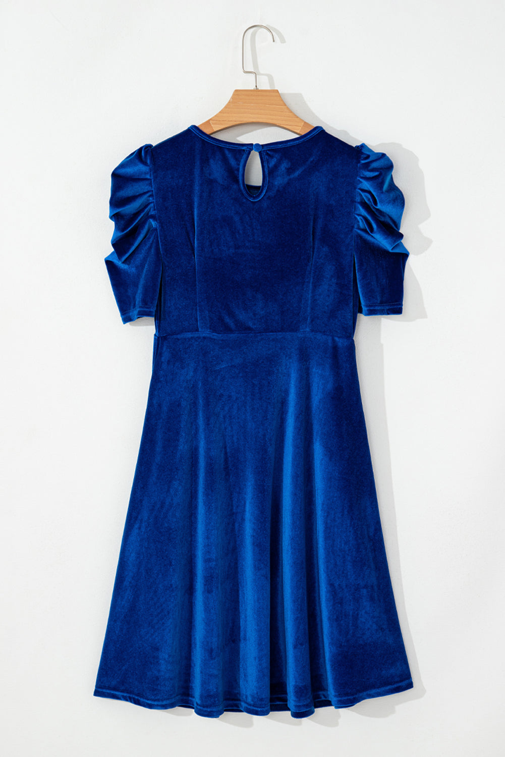 Blue Velvet Ruched Short Sleeve Pocketed Mini Dress
