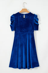 Blue Velvet Ruched Short Sleeve Pocketed Mini Dress