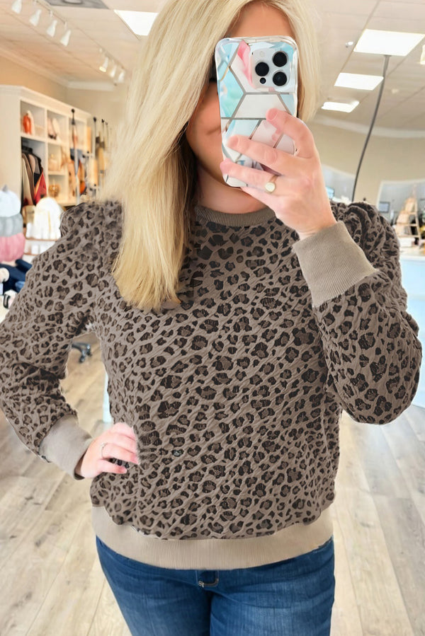 Leopard Textured Ribbed Trim Plus Size Long Sleeve Top