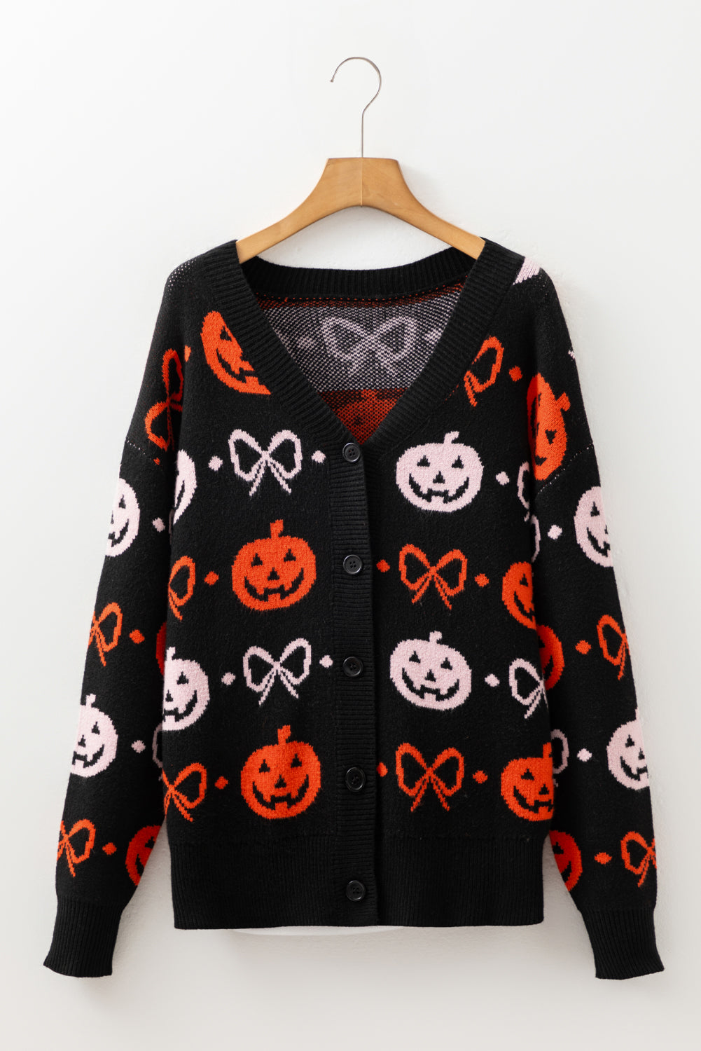 Halloween Pumpkin Bow Knit Button V Neck Sweater Cardigan