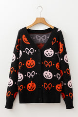 Halloween Pumpkin Bow Knit Button V Neck Sweater Cardigan