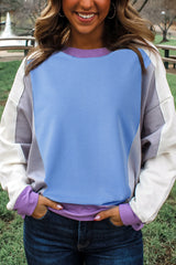Exposed Seam Colorblock Patchwork Ribbed Trim Pullover Sweatshirt