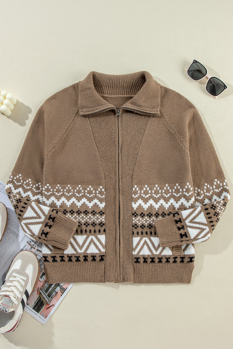 Western Printed Ribbed Trim Collared Zip up Cardigan