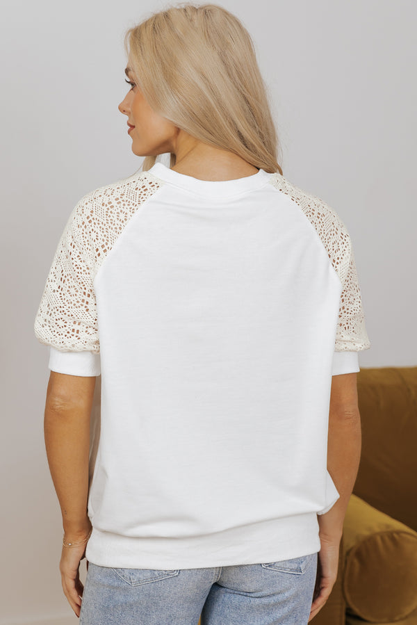 Lace Crochet Short Sleeve Round Neck T Shirt