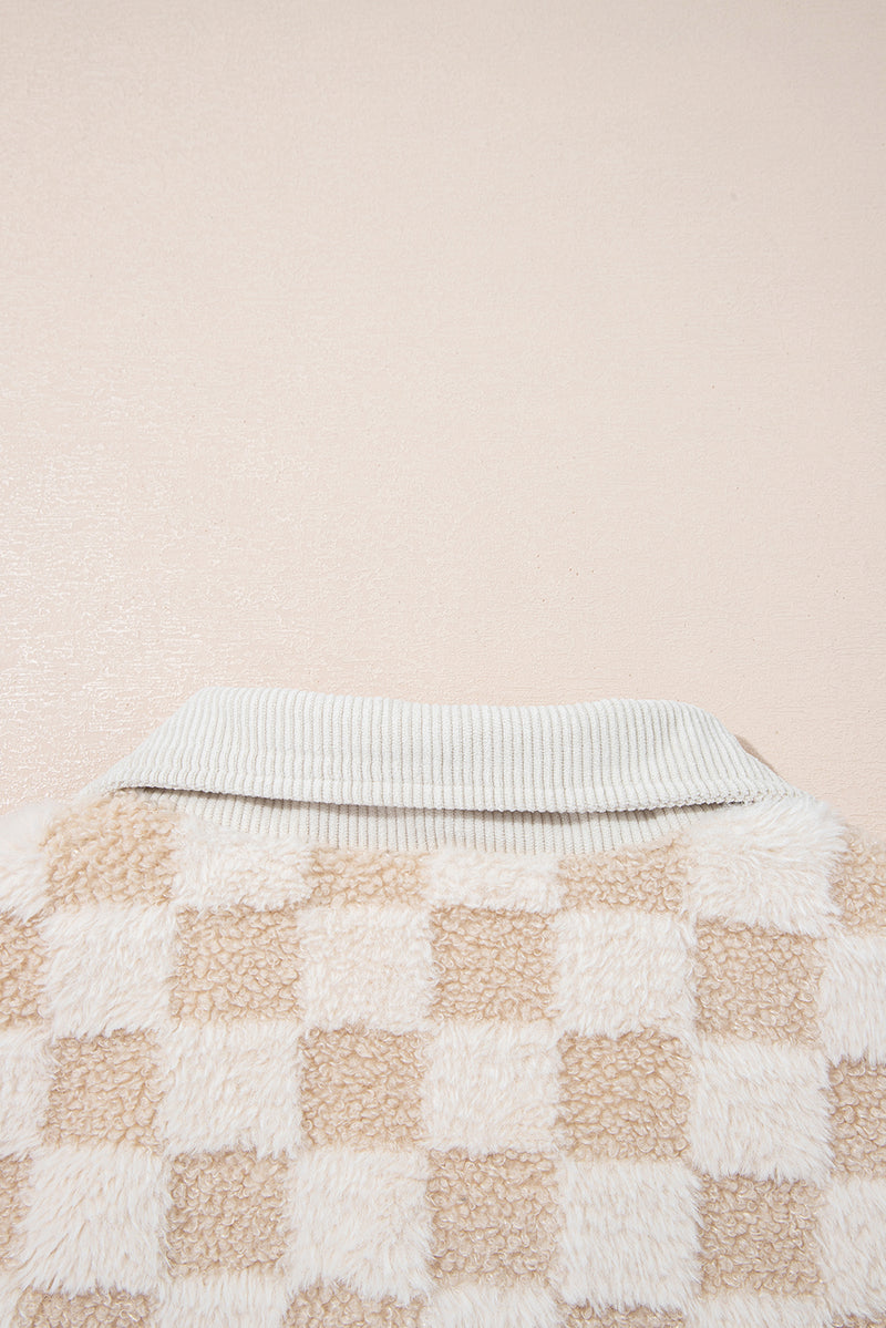 Checker Sherpa Corduroy Patchwork Zip up Collared Jacket