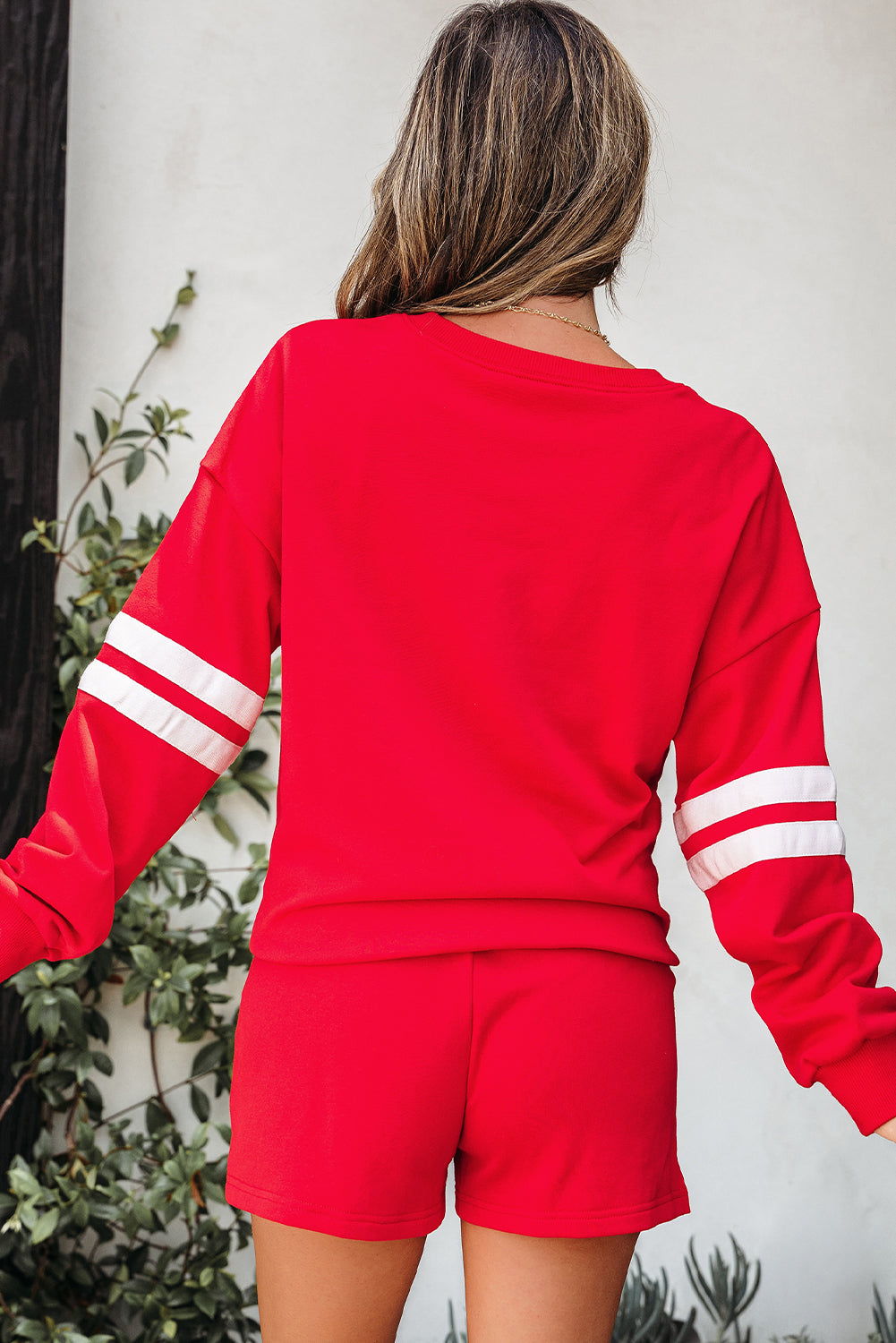 Solid Varsity Striped Sleeve Drop Shoulder Sweatshirt and Short Set