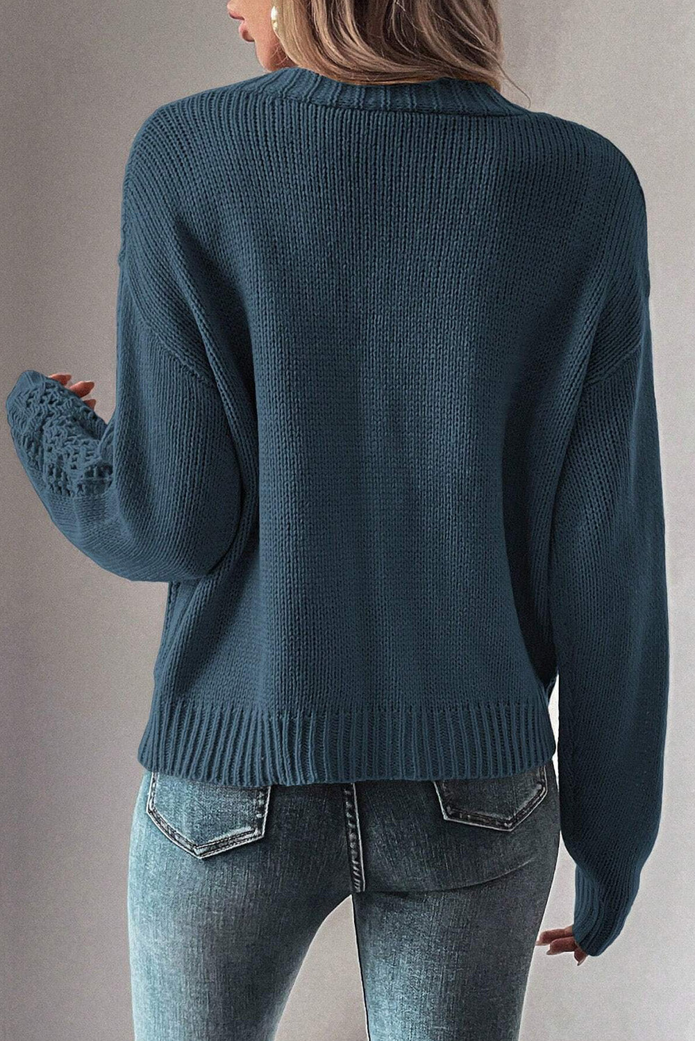 Solid Open Knit Drop Shoulder Sweater Cardigan
