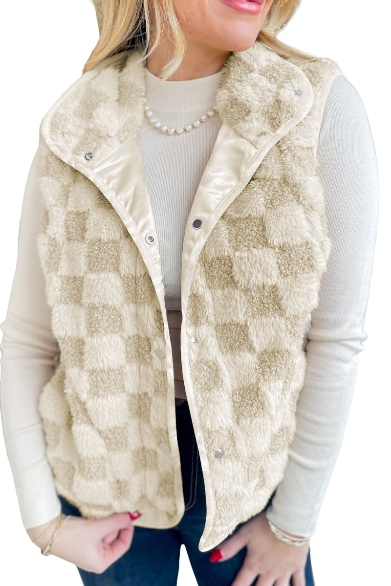 Sherpa Checkerboard Snap Button Vest Jacket With Pocket