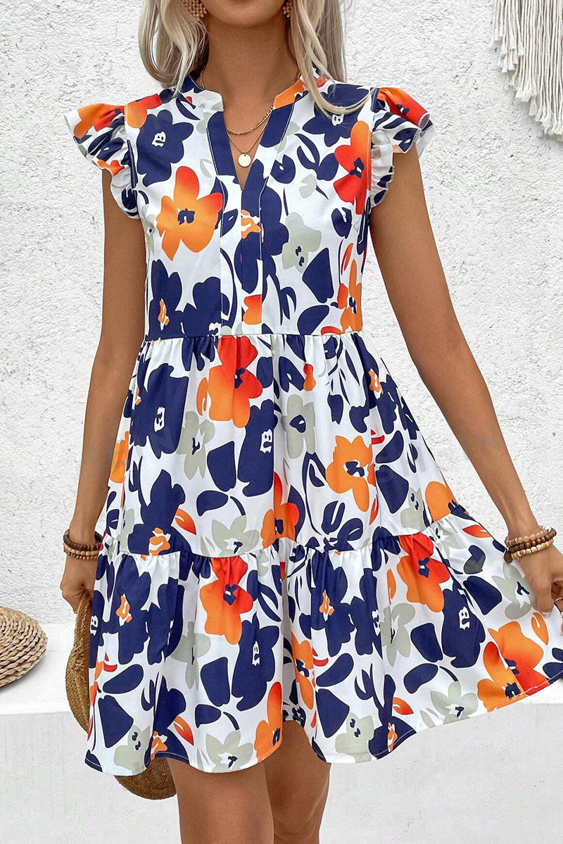 Floral Print Notched Neck Flutter Sleeve Mini Dress