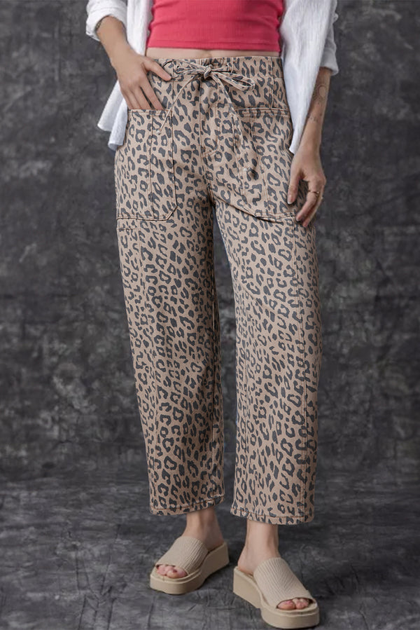 Leopard Printed Drawstring Waist Pocketed Wide Leg Jeans