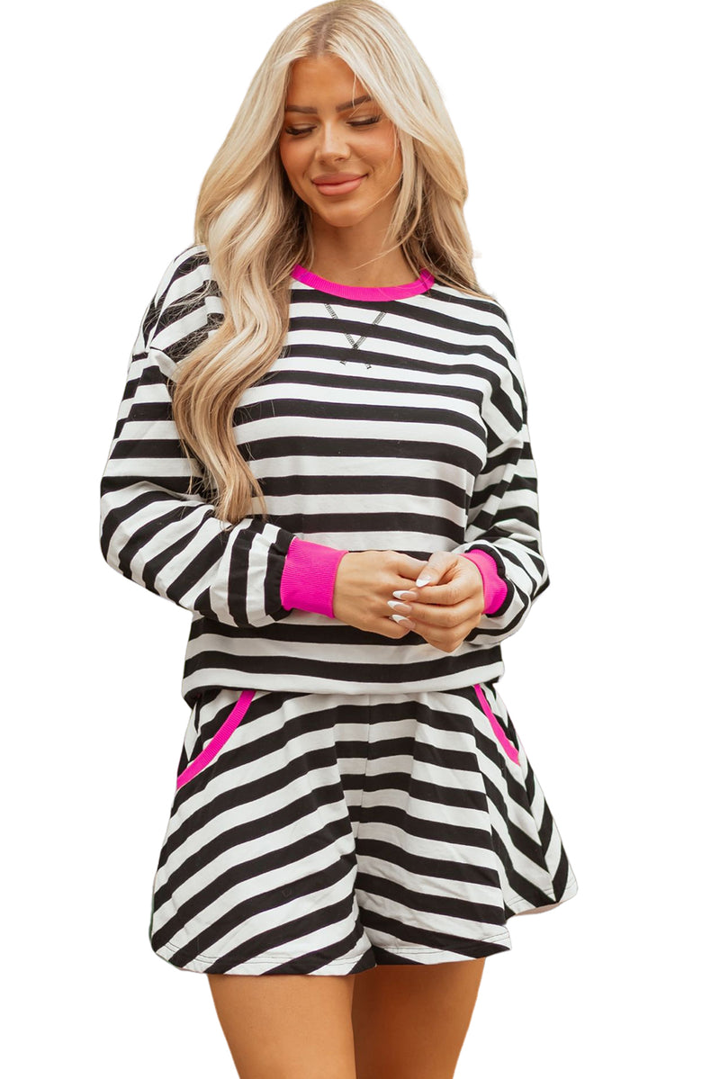 Stripe Contrast Ribbed Banding Long Sleeve Blouse Loose Shorts Set