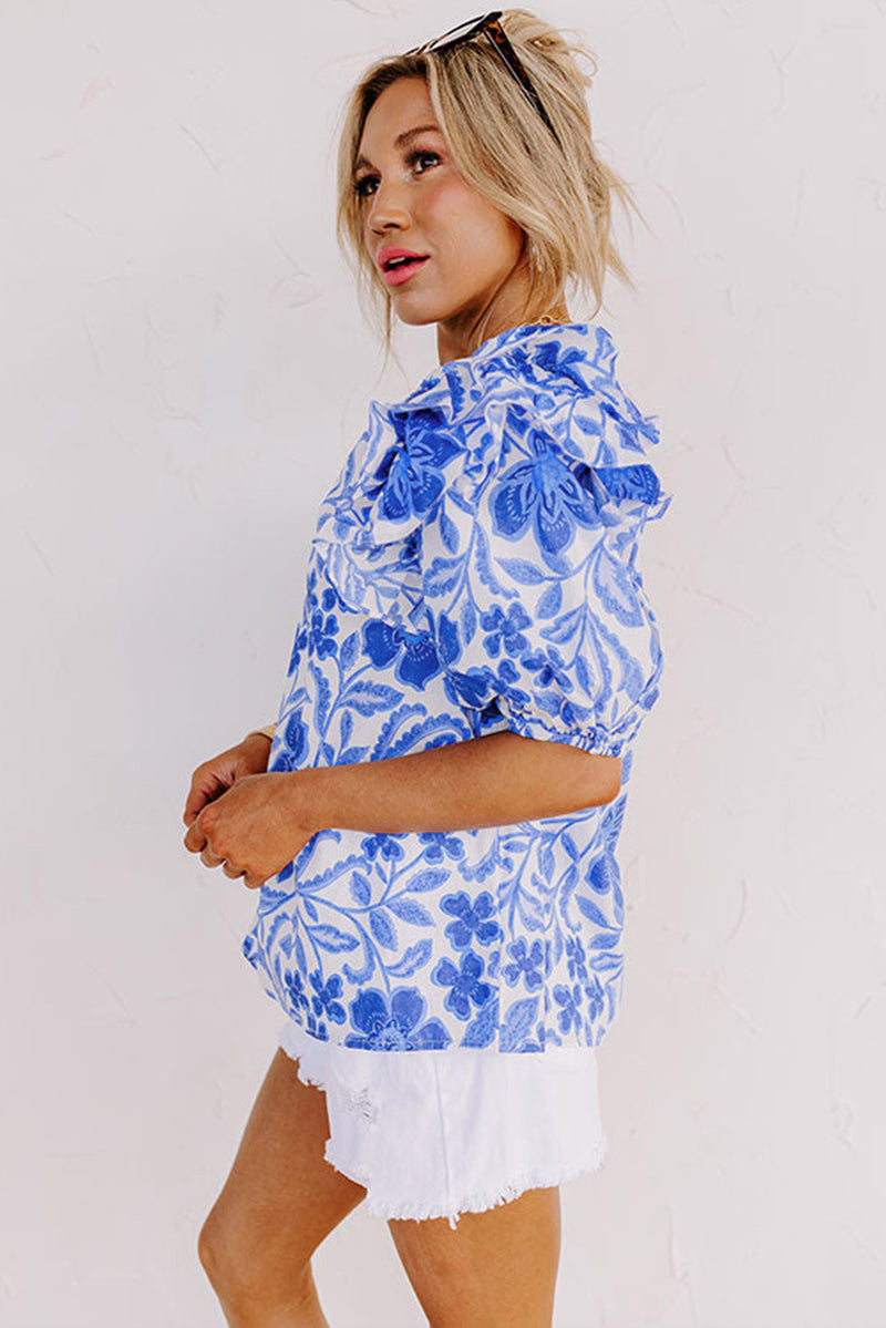 Floral Print Ruffled Bubble Sleeve Blouse