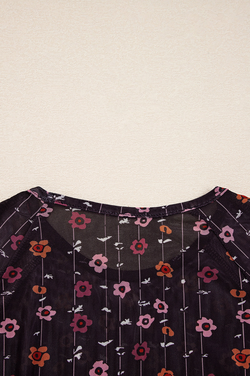Floral Print Smocked Cuff Slim Fit Mesh Bodysuit