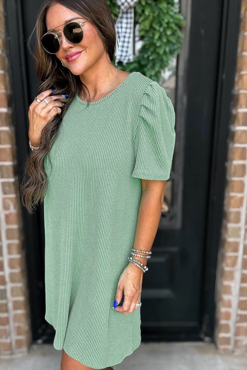 Solid Corded Knit Crew Neck Puff Sleeve Shift Mini Dress