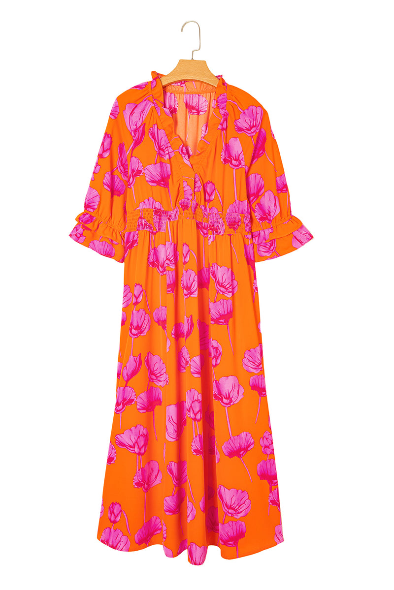 Orange Floral Print Frilly Smocked V Neck 3/4 Sleeve Long Dress
