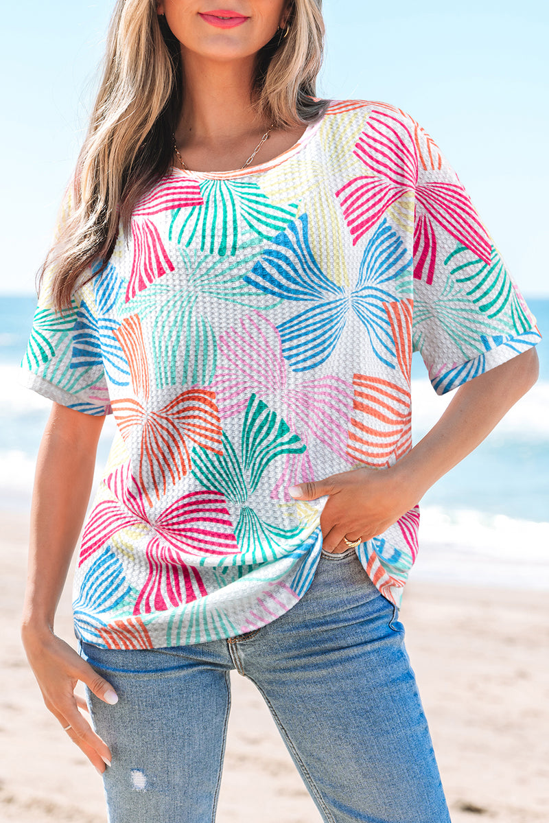 Bowknot Printed Waffle Crewneck Loose Short Sleeve Top