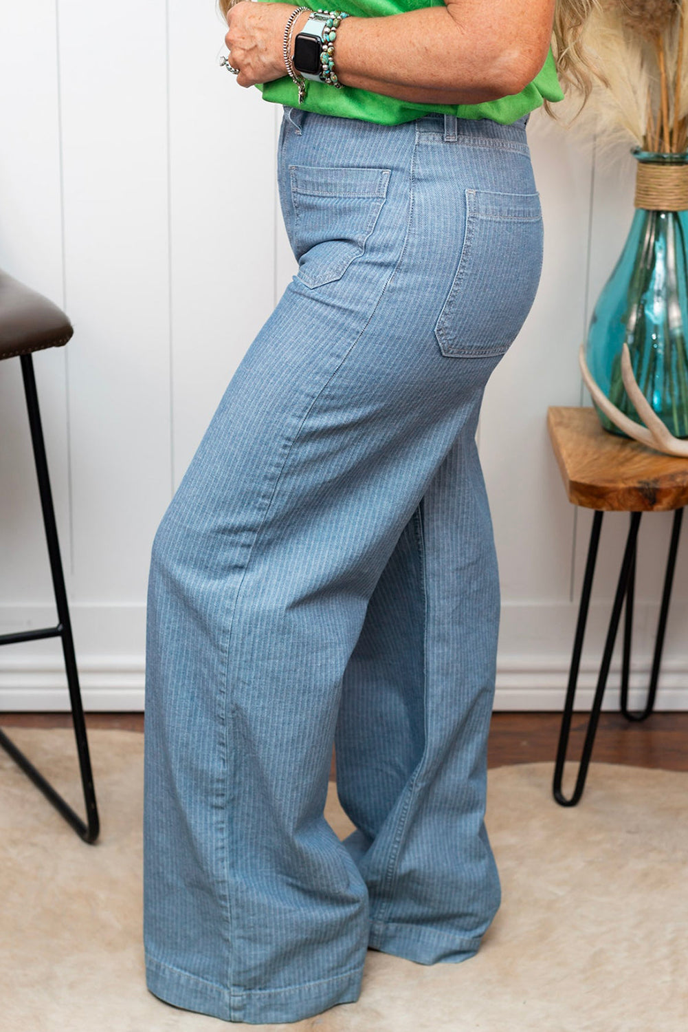 Blue Patched Pocket Textured Wide Leg Plus Size Jeans