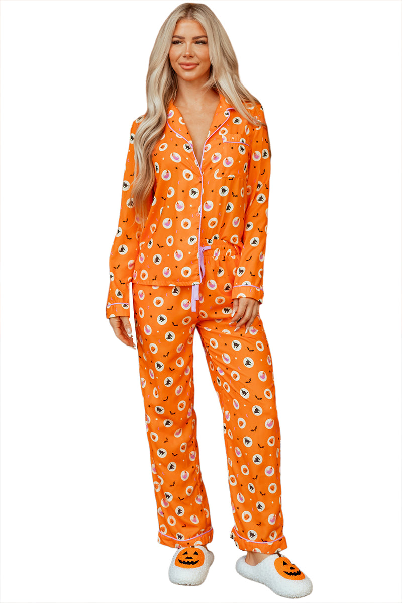 Halloween Print Lapel Shirt Long 2pcs Pajama Set