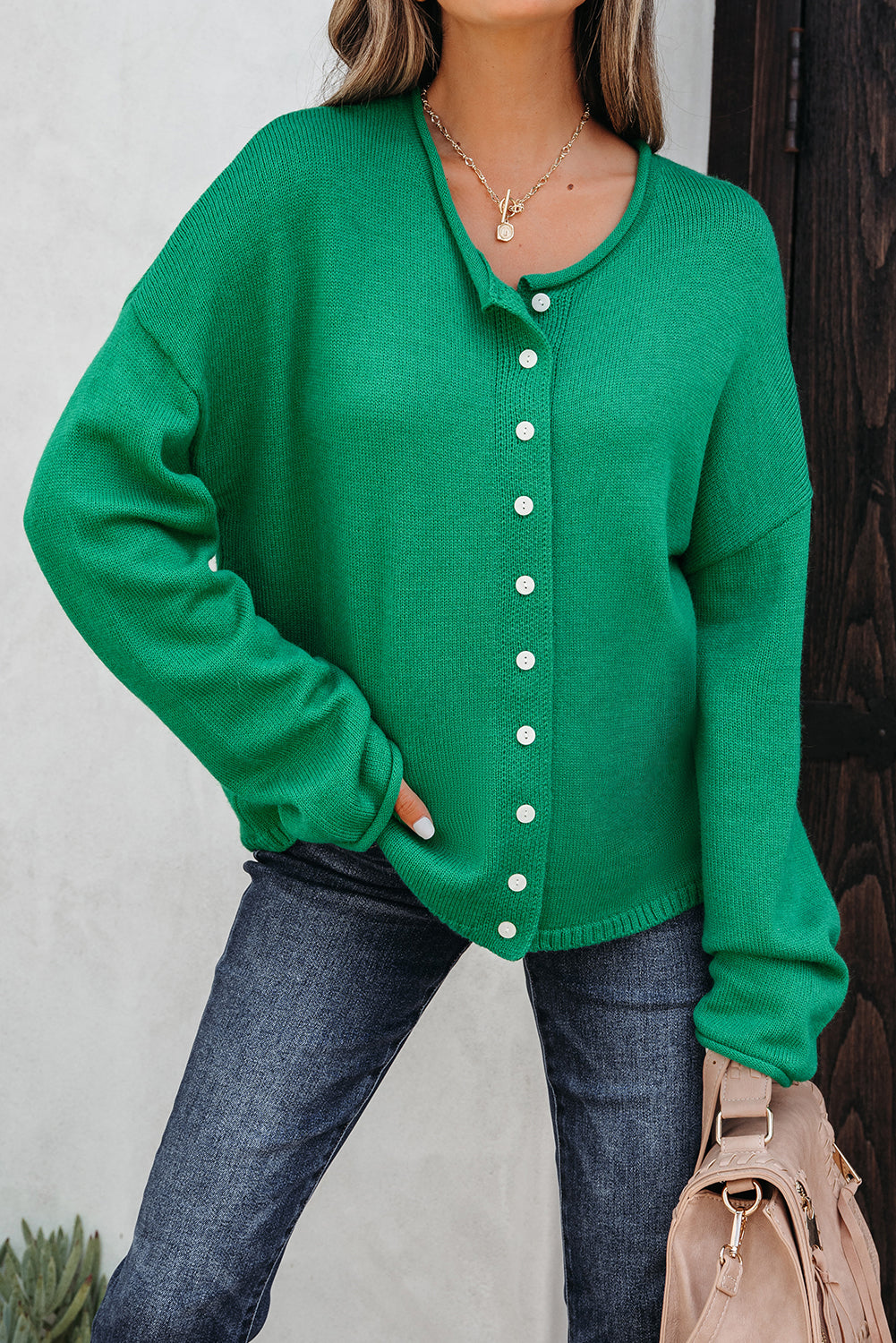 Solid Color Knit Button Drop Shoulder Sweater Cardigan