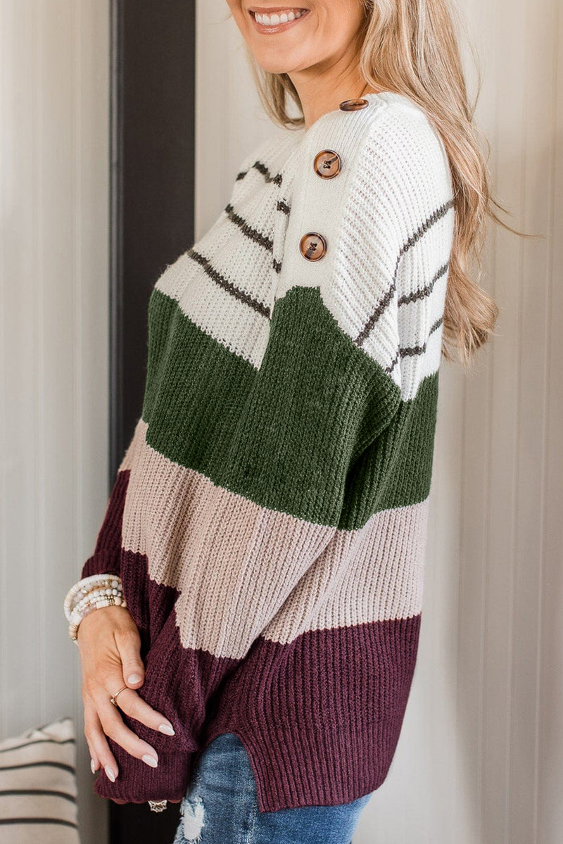 Colorblock Striped Buttoned Shoulder Split Sweater