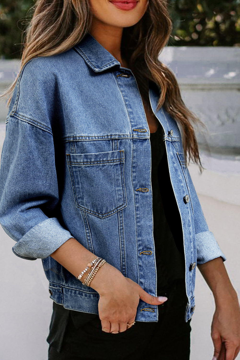Stripe Washed Oversize Pocketed Denim Jacket